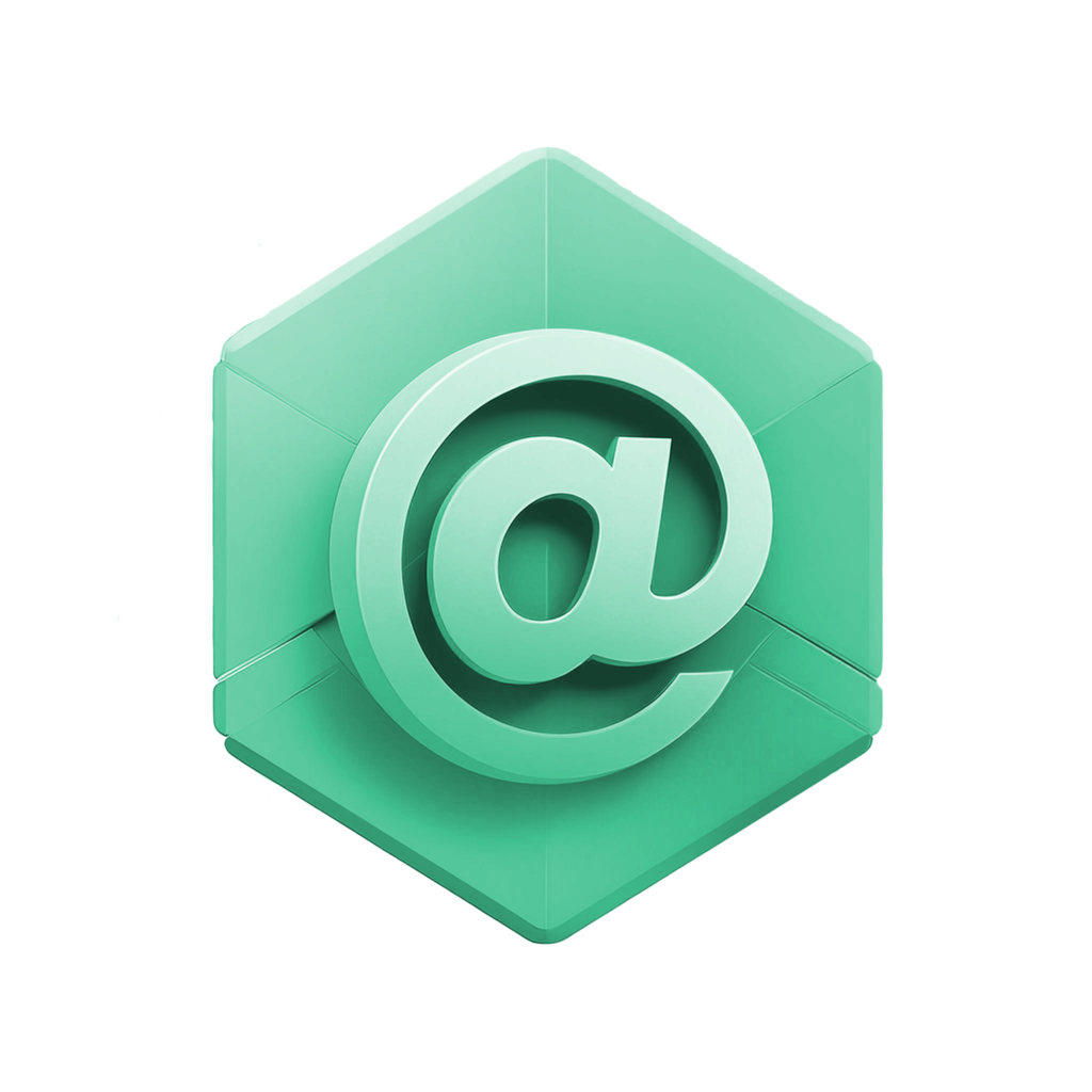 Eine grüne Hexagon-Form in 3-D, auf der das E-Mail @-Zeichen platziert ist